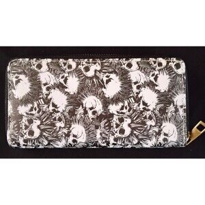 Black White Skull Pattern Zip-Around Wallet for Women with Credit Card Slots